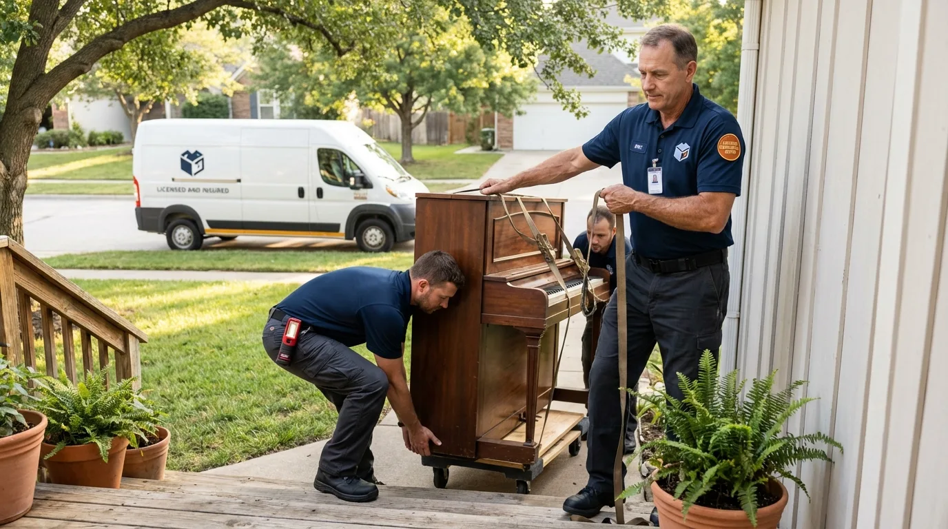 Licensed piano movers securing grand piano in Deerfield, IL