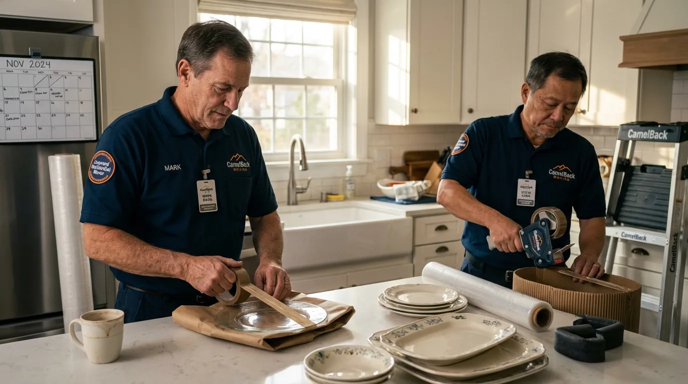 Professional crew packing kitchen dishware in Deerfield, IL